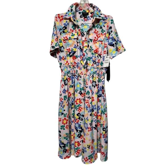 Halogen x Atlantic Pacific Smocked Utility Midi Dress in Pink Multi Paloma  XS - Picture 2 of 14